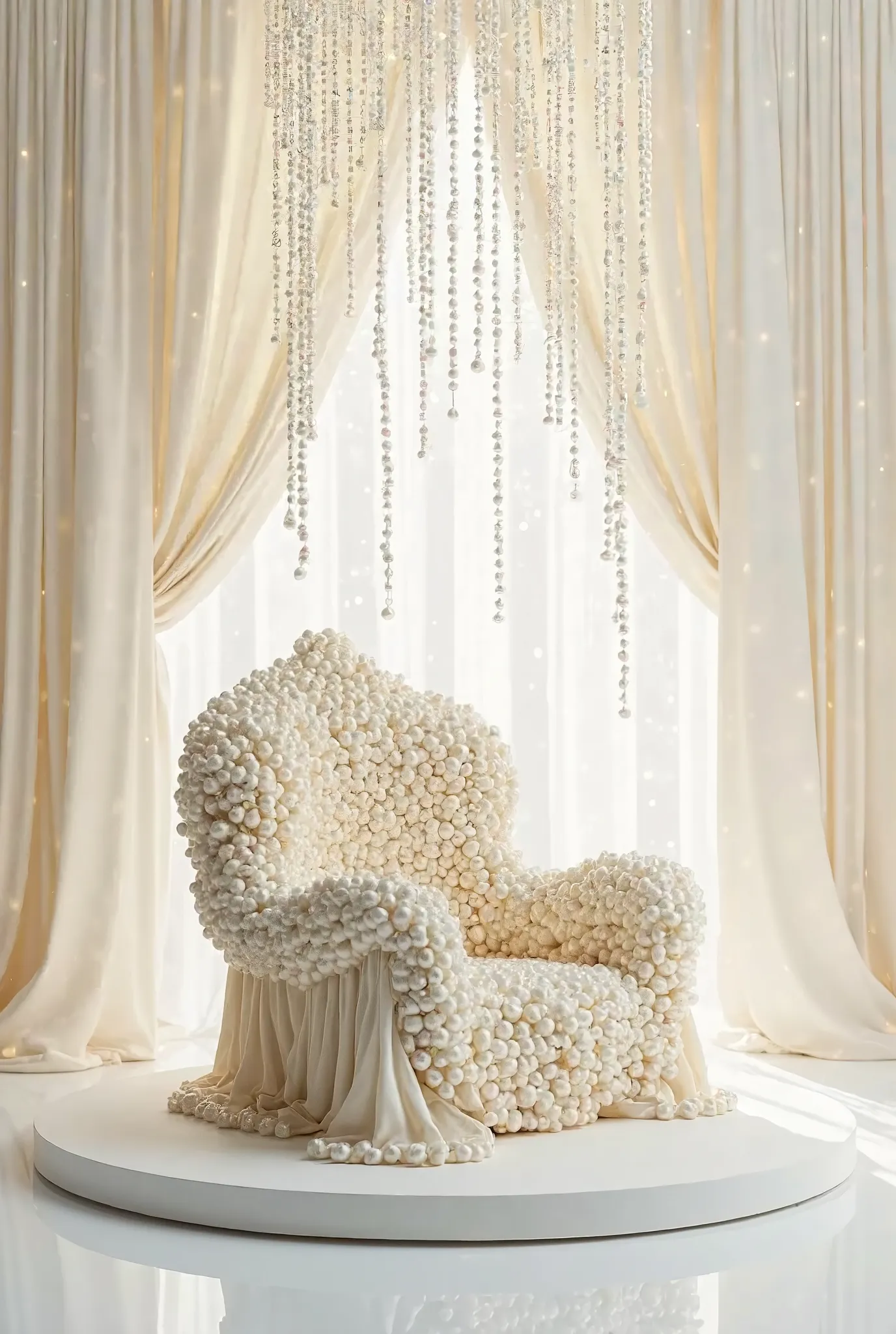 a cream-colored armchair, entirely covered with pearls and satin of various sizes, stands on a white platform, on an empty space above which hangs a curtain made of strings of pearls, slightly blown in the wind, a very realistic photo