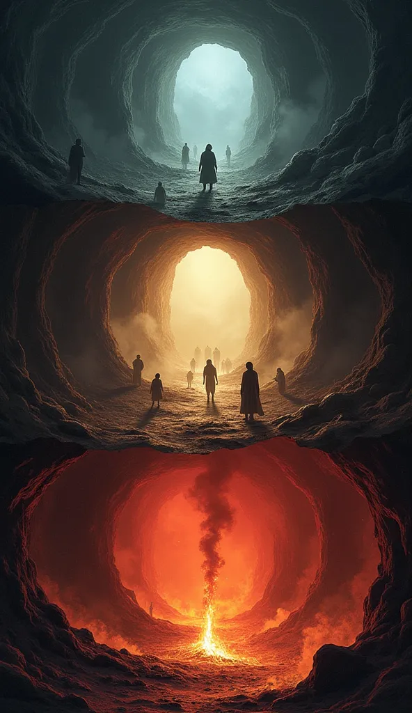 An illustration divided into four parts, each one representing a biblical concept about the fate of the dead.  in the upper left corner , Sheol appears as a dark and silent place, with shadows wandering in a hazy environment.  in the upper right corner, Ha...