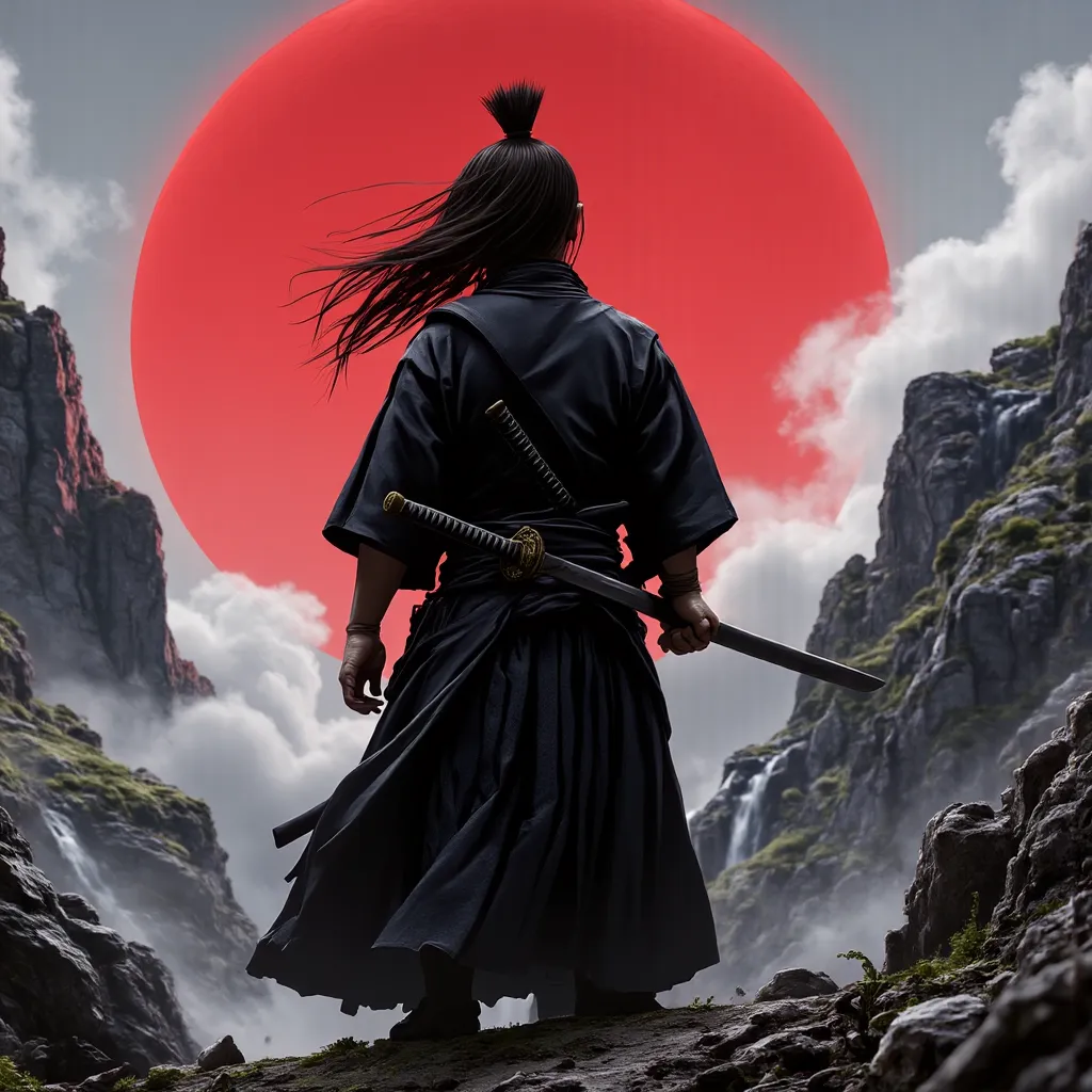 Baccamonde、Miyamoto Musashi、Steep mountains filled with fog、A muscular samurai standing on a rocky area of rubble、A samurai holds a sword in a scabbard on his waist, holds the handle with his hand, and waits for time、Samurai sit back and have a low system ...