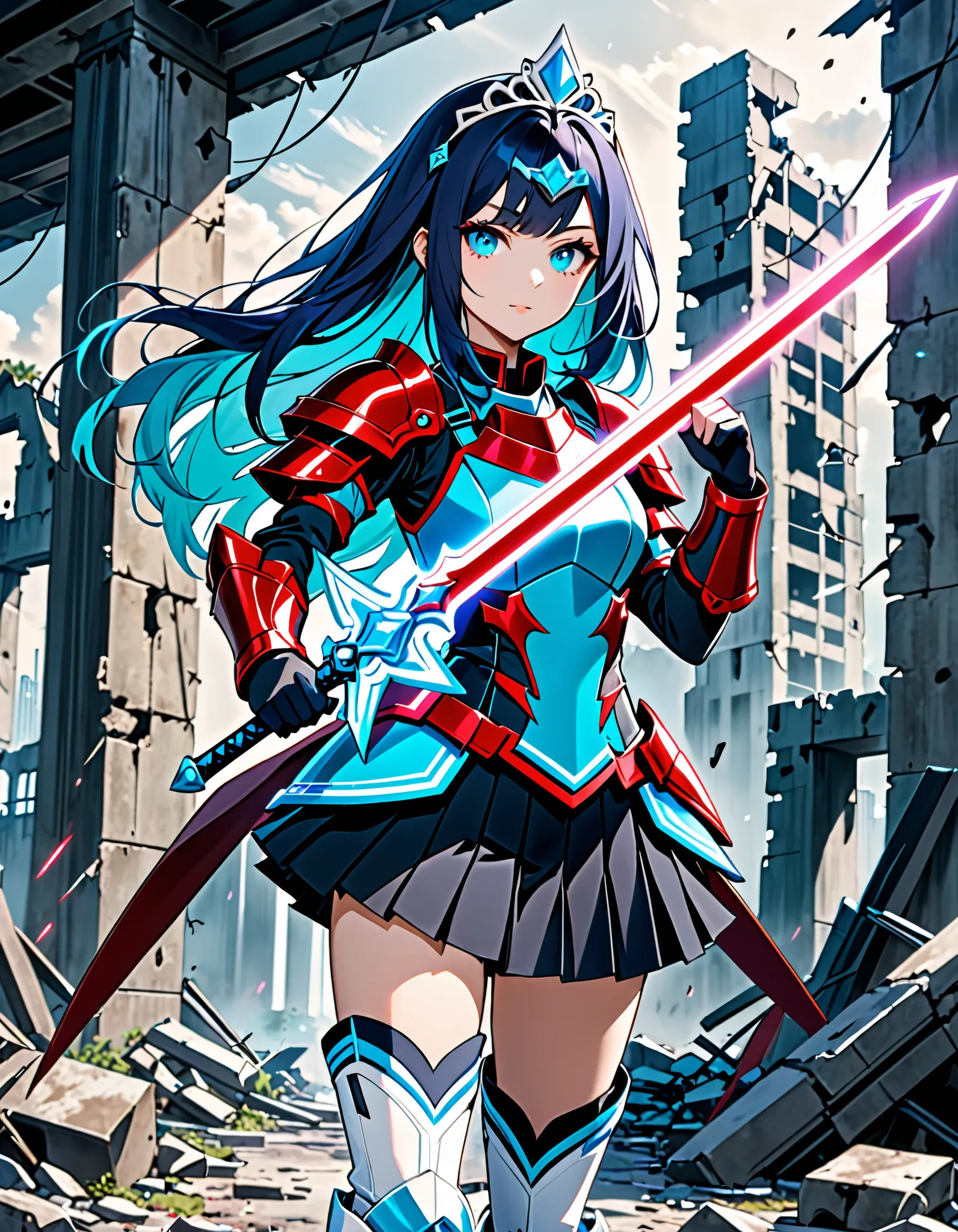 a young beautiful woman, kosmos,long_hair, tiara, body, tall 1girl, dark blue hair with red accents, aquamarine eyes, kosmos, solo, dark_blue_and_red_armor,best quality, ultra high res,tokyo fashion, black skirt with blue trim, pleated skirt, miniskirt, wh...