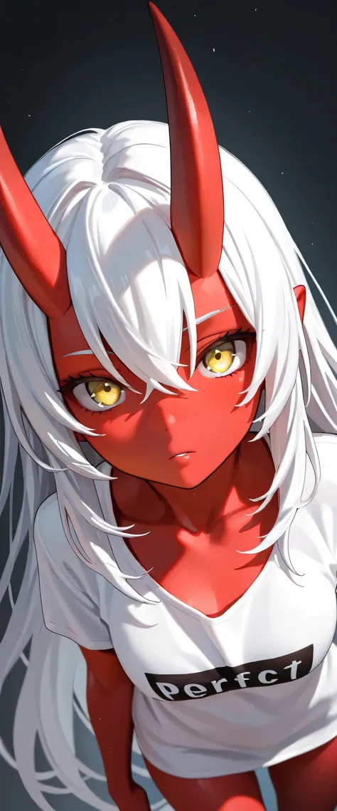 1girl, sexy, beautiful woman, perfect face, perfect eyes, colored skin, hair between eyes, horns, jewelry, long hair, red oni, (red skin:1.3), white t-shirt, t-shirt, very long hair, white hair, yellow eyes, looking at viewer, wide angle view, masterpiece,...