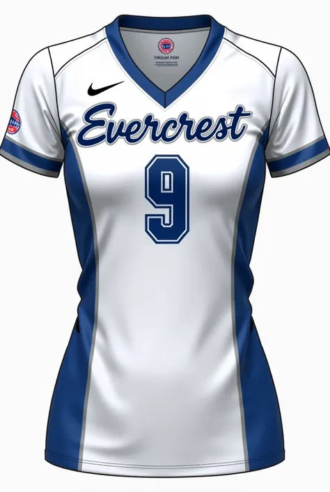  White blouse, School volleyball team, women's blouse, written Evercrest with some details in blue and gray, Number on the front and number on the back, name Phany just behind