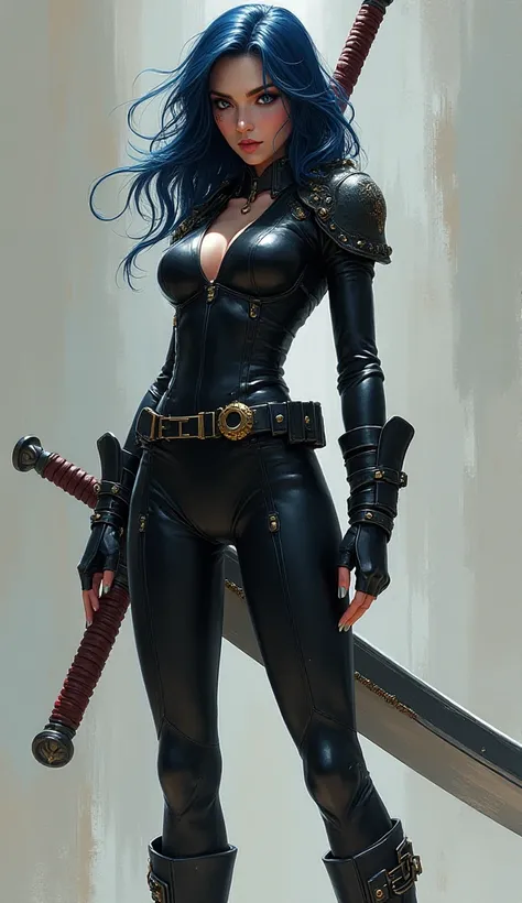 Dark blue-haired girl in a tight suit and open heels and has a very big sword 