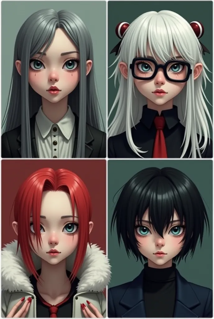 4 Psychological Myches 
1. With straight, gray and white hair
2. With frizzy hair and glasses in black and white
3. With red hair and red nails, white coat color
4. With short straight hair and black fur color 