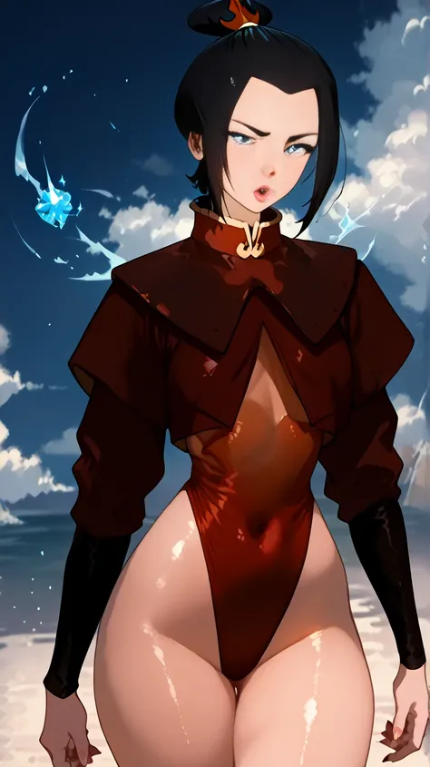 Azula sexy,Long dark blue hair with a white streak in her bangs,Light blue eyes with black heart pupils, big breasts, big thighs and wide hips. sexy nun outfit 