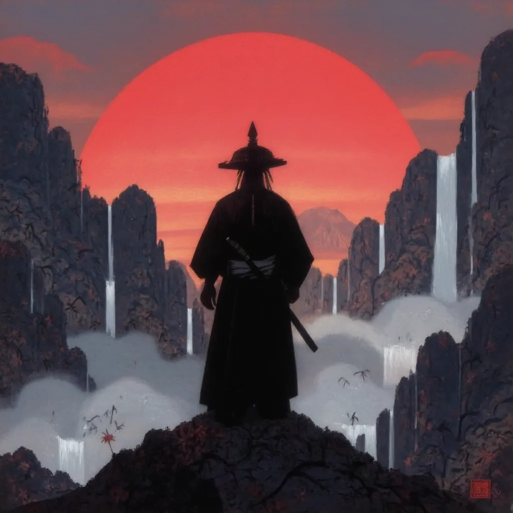 Baccamonde、Miyamoto Musashi、Steep mountains filled with fog、A muscular samurai standing on a rocky area of rubble、A samurai holds a sword in a scabbard on his waist, holds the handle with his hand, and waits for time、Samurai sit back and have a low system ...