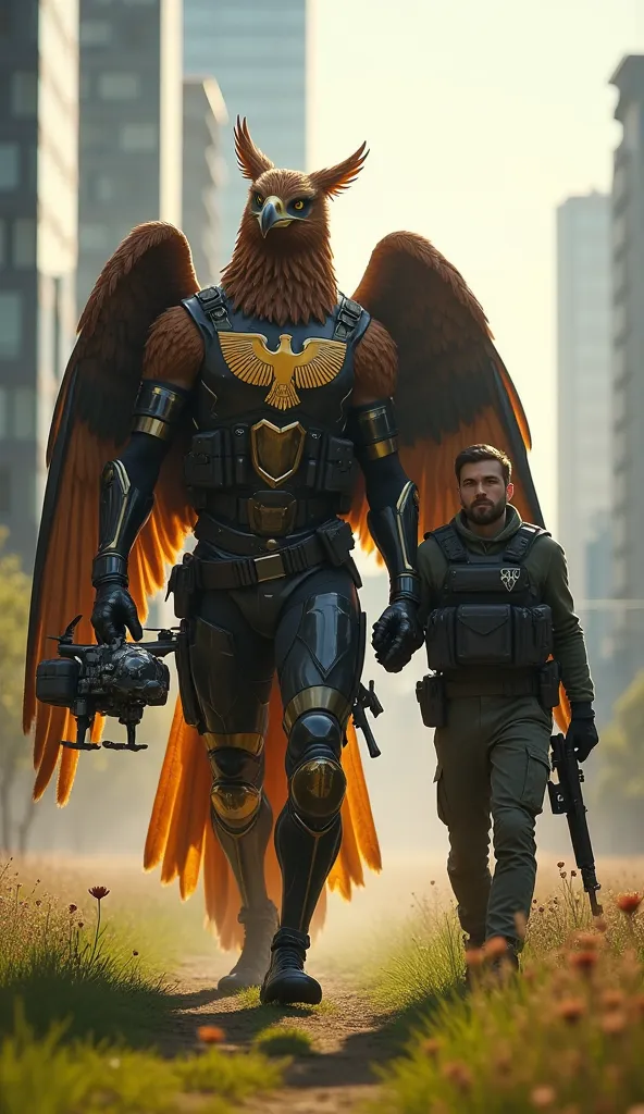 A majestic humanoid golden eagle dominates the scene, a presence that combines the strength of a modern warrior and the elegance of Germany's national symbol. His body is a powerful fusion between a golden eagle and an athletic and robust human. He has a b...