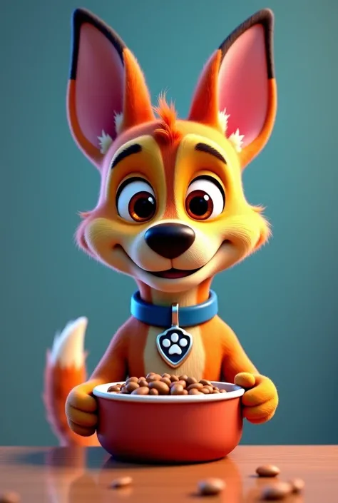 a close up of a cartoon dog holding a bowl of food, a pastel inspired by Rupert Shephard, trending on polycount, happening, paw patrol, rubble!!, judy hopps, as a claymation character, as a pixar character, character posing, animated, a portrait of judy ho...