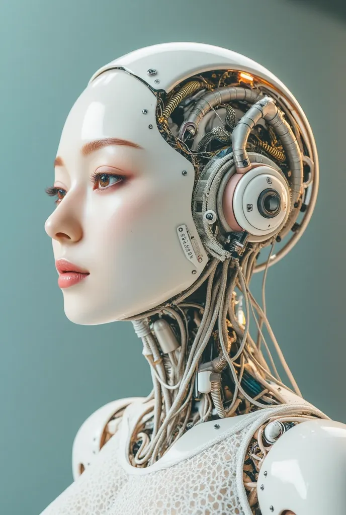 Ceramic Robot, Intricate 3d rendering of highly detailed beautiful ceramic silhouette female robot face, robot, robot part, 150 mm, beautiful studio soft light, rim light, vibrant details, luxurious cyberpunk, lace, surreal, anatomy, facial muscles, cables...