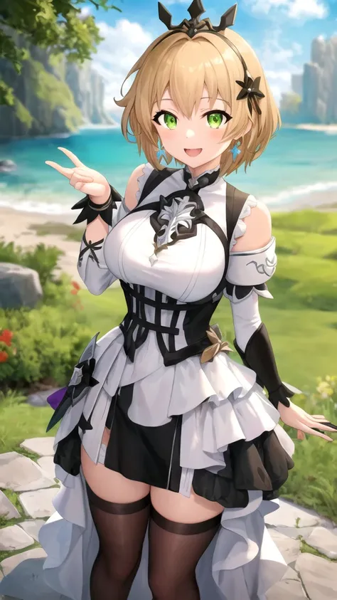 masterpiece, best quality, high quality, girl, solo, looking at viewer, rudeus_greyrat, large breasts, Honkai Impact 3rd cosplay, princess Dress, standing, smile, open mouth, outdoors 