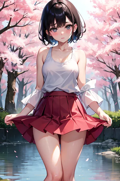 8k,masterpiece, Japanese,Perfect human anatomy,  girl ,from before, innocent face, gentle eyes,ish,white tank top,short skirt, black hair, semi-long,noon, bright,Cherry Tree,Skirt that flutters in the wind, wet costume,