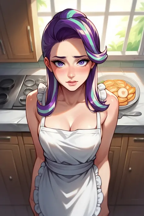 1 girl, human, Starlight Glimmer, no clothes, blused face, looking at viewer, kitchen background, POV from above, wearing white apron only