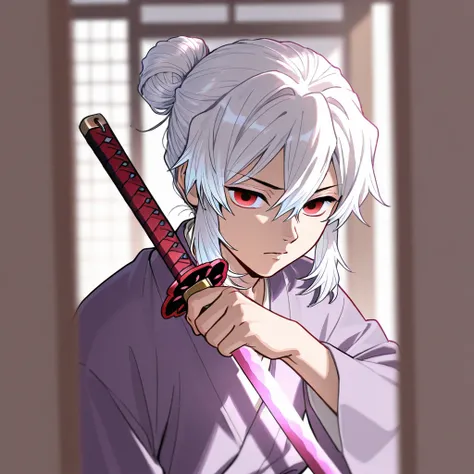 anime, boy, detailed, white hair with a bun and two locks on the sides,  , lavender and white shinobi clothes , very detailed,ruby eyes  ,holding a pink katana in demon slayer 