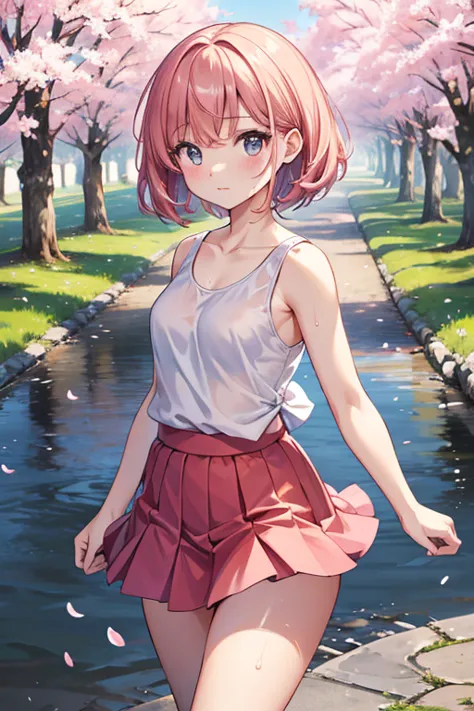 8k,masterpiece, Japanese,Perfect human anatomy,  girl ,from before, innocent face, gentle eyes,ish,white tank top,short skirt,semi-long,noon, bright,Cherry Tree,Skirt that flutters in the wind, wet costume,