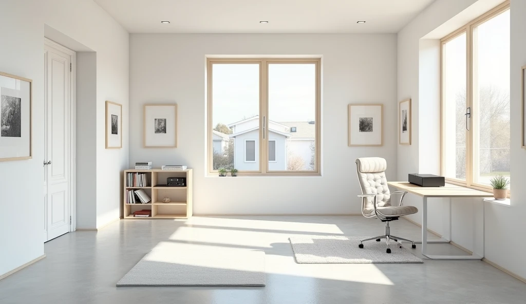 I want a minimalist photograph in general, of horizontal focus, inside a very bright room with light walls, on each of the walls there are windows, the windows have wooden frames painted white, through the windows you can see a street in a residential neig...