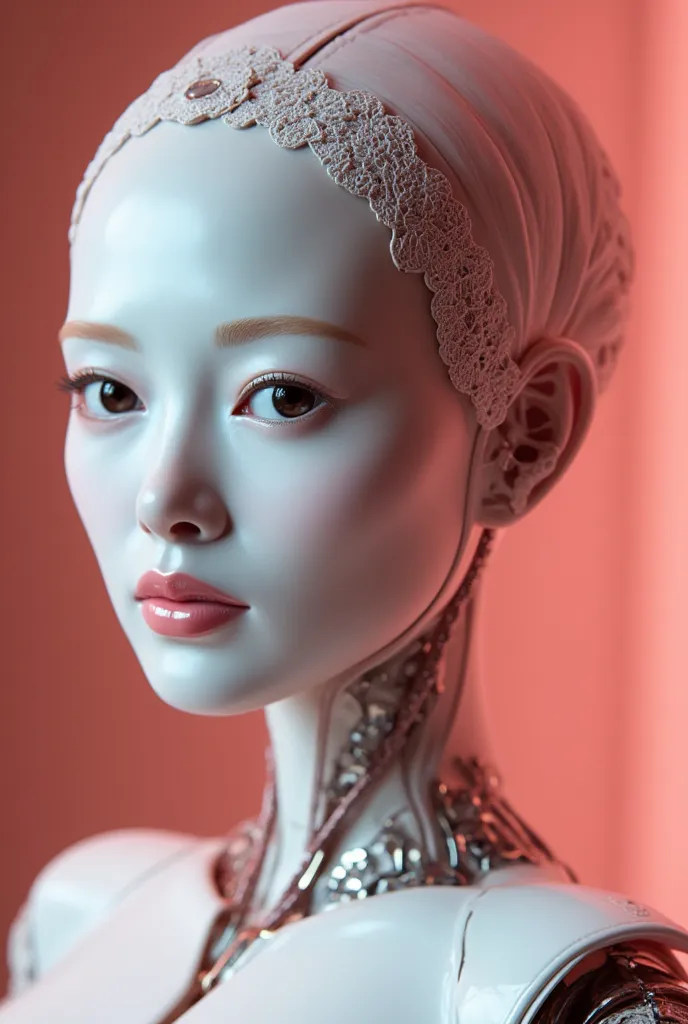 Ceramic Robot, Intricate 3d rendering of highly detailed beautiful ceramic silhouette female robot face, robot, robot part, 150 mm, beautiful studio soft light, rim light, vibrant details, luxurious cyberpunk, lace, surreal, anatomy, facial muscles, cables...