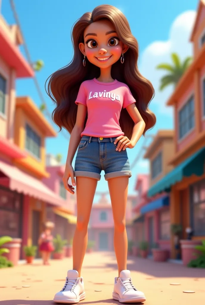 , s, Long brown hair, 3d drawing, In long pink t-shirt and jeans shorts and white sneakers, Lavinya written on clothes, cheerful background