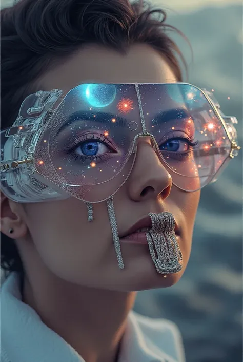 The model is wearing glass sunglasses with stars and the moon on the glass