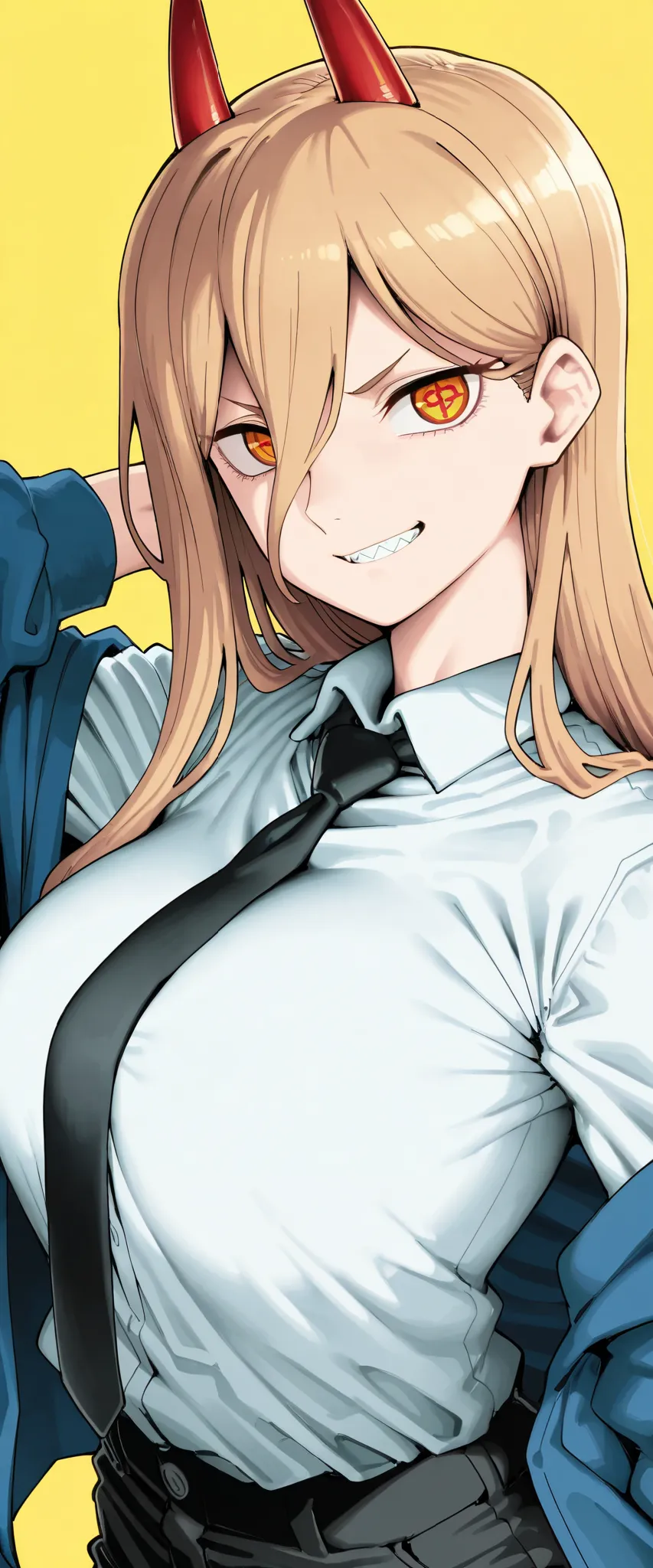 masterpiece, best quality,artist:spacezin,artist:hiroki_(yyqw7151), artist:kaedeko_(kaedelic),artist:halcon,1girl, red horns, power (chainsaw man), blonde hair, black necktie, collared shirt, smile, long hair, blue jacket, sharp teeth, symbol-shaped pupils...