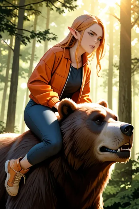 elf riding a bear wearing an orange jacket