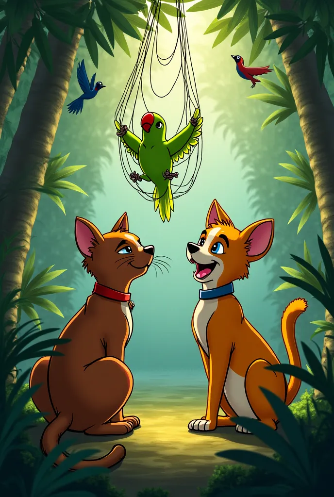 **Scene 5: Helping Others**  
"The cat and dog work together to free a bright green parrot trapped in a hunter’s net. The parrot flaps its wings in relief as the cat claws at the net and the dog tugs with his teeth. The jungle is alive with the sounds of b...