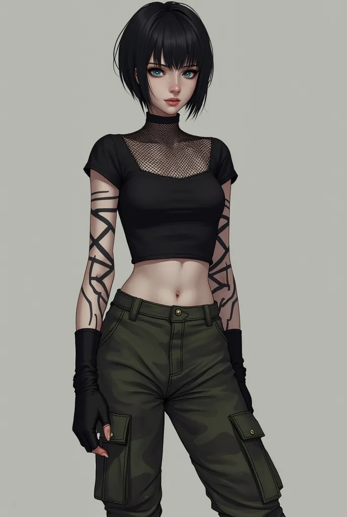 female, short black hair, pale skin with tattoos of geometric patterns down my arms and shoulder blades, blue eyes, slim but muscular , 5’7”, black short sleeved crop top with long sleeve fish net shirt underneath, black camo cargos, combat boots 