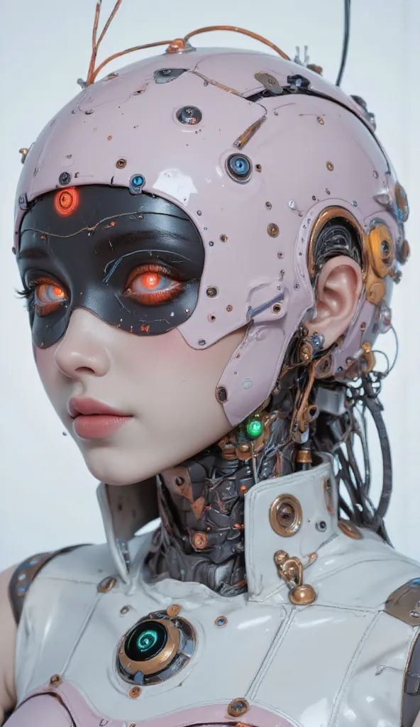 nice photo of a female cyborg, future, nice, is dazzling, attractive, flashy, upper body, Quirky, Adult face, full shot, Strong Makeup, cyborgized brains, colorful, Wonderful, robot head is smooth and glossy like ceramic, detailed, stand out, The robot's h...