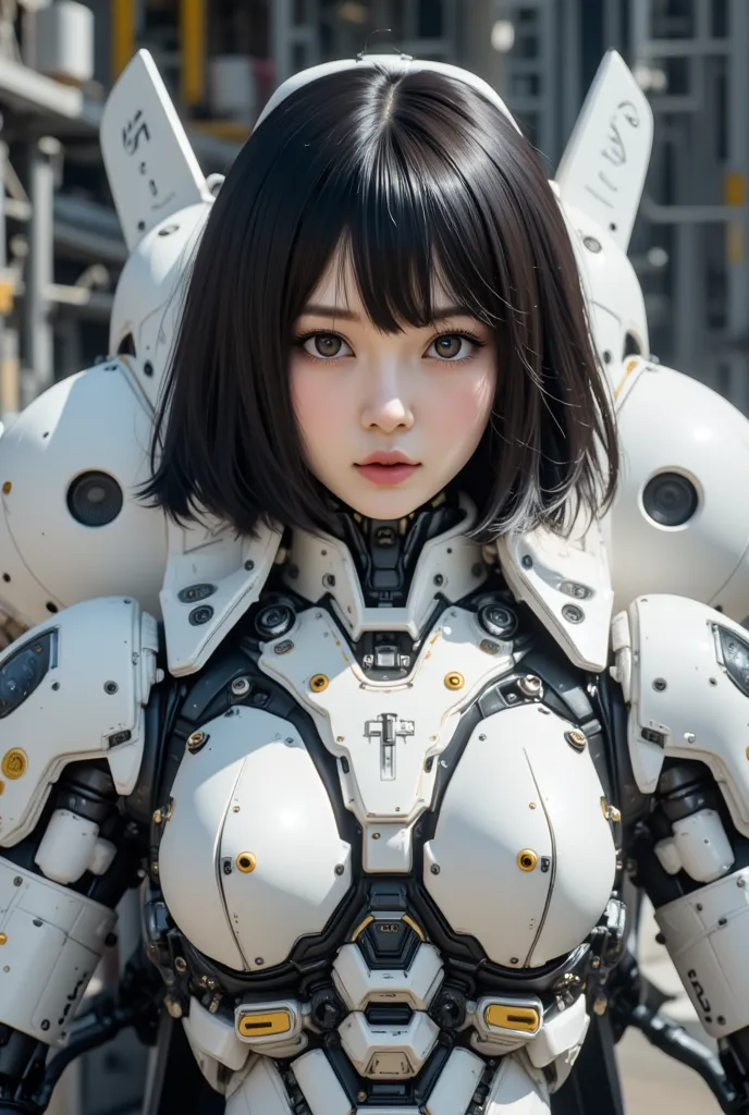 ８ｋ,Realistic skin texture、Superrealism、Realistic photo、A Japanese female pilot sits in a cockpit installed in the chest of a large robot.、Black Hair、Bobcut、Beautiful woman、White combat armor robot、Straight line, rugged design、Cyberpunk、Unit Paint and Ident...