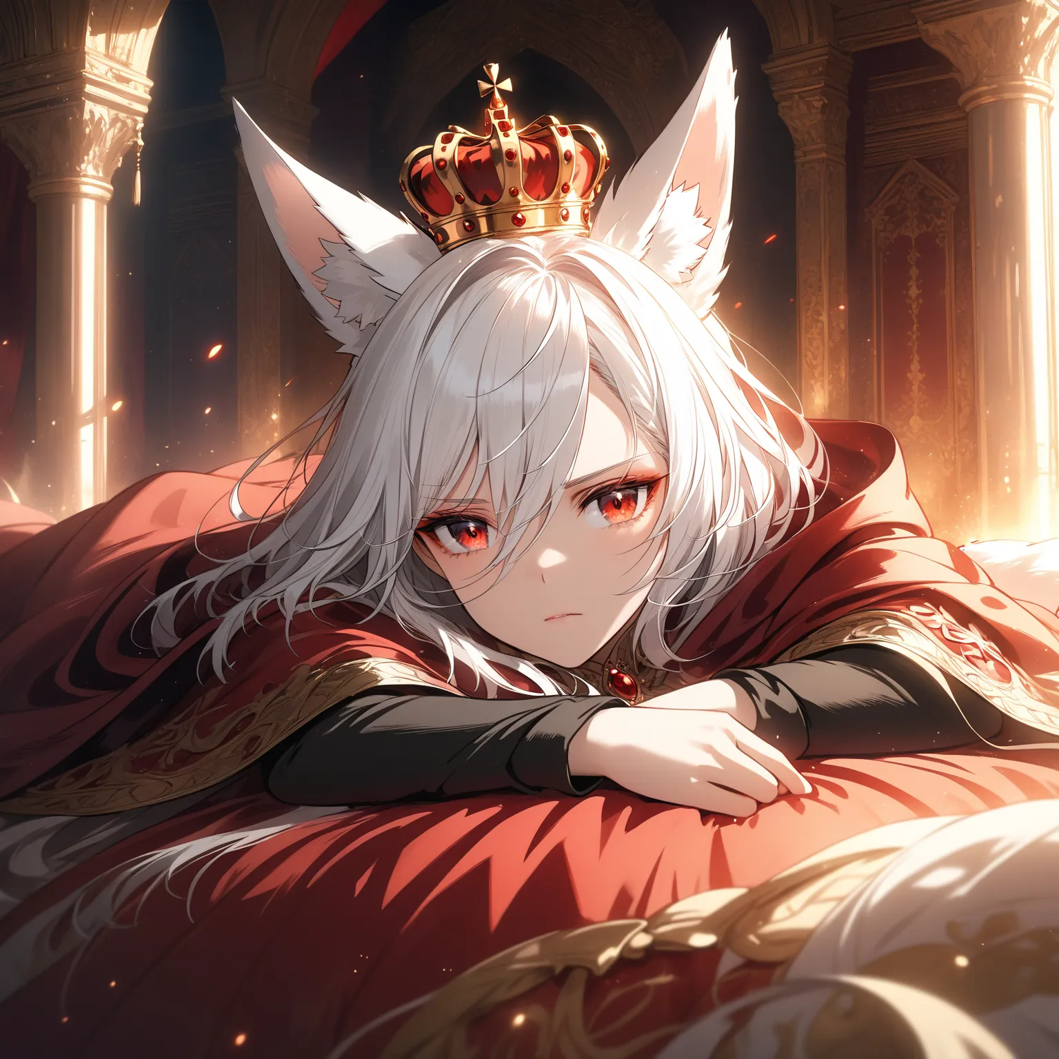 Female, Beautiful tied-up White hair, flopped Fox ears, Angry face, Red eyes, Make up, Red eye shadow,  Crown, Royal clothing, Cloak, laying on a bed, Full character