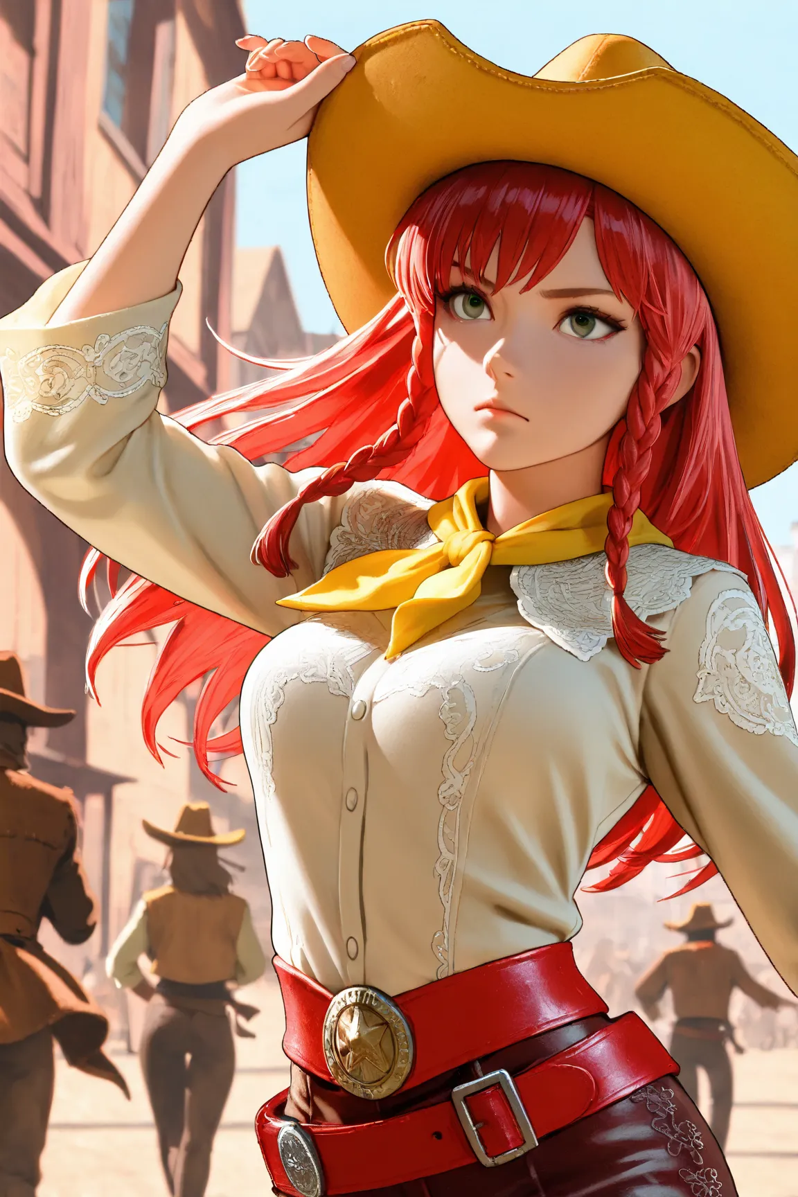 1 ,    Alone,    masterpiece,    dancing ,   ultra realistic, silky hair,   long red hair, side braids , cowboy woman, um vestido From cowboy amarelo, red belt with gold buckle, yellow cowboy hat next to, yellow neckerchief, From cowboy, green eyes,    med...