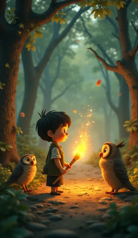 Scene 7: The Brush Stops Working
📍 Location: A clearing in the magical world
🔹 Visuals: Sam tries to paint a giant dragon for fun, but the brush suddenly stops glowing. The owl smiles and explains, "The magic only works for kindness." The ren look at each ...