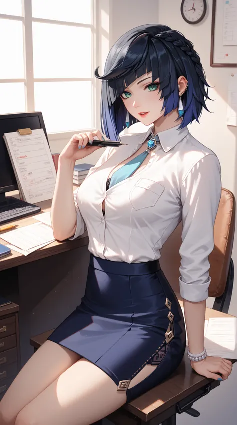 (Yelan from Genshin Impact), sitting in the office sorting out documents, 8k, high quality, natural lighting