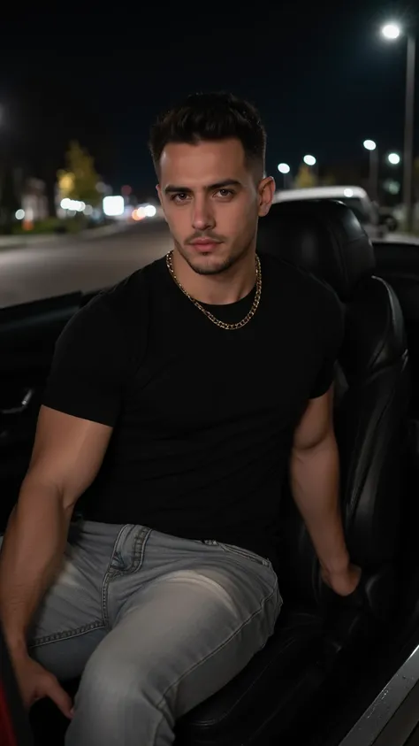 a handsome young turkish guy with muscle, dark very short hair fade and goatee he wearing a black tshirt and a light loose jeans and a thin gold chain he sit in a mercedes s coupe in black amateur photo random picture its night and location is germany he h...