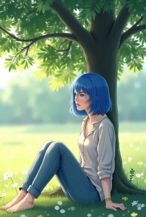 Do that blue-haired woman, in casual clothes and sitting under a tree 