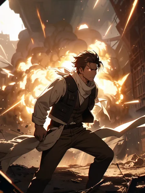 man, Brown hair,  glowing eyes, white bandit scarf around the neck, white shirt,  black vest pants, Sheriff star in the vest, brown pants, sandal. serious expression,  Explosion of light 