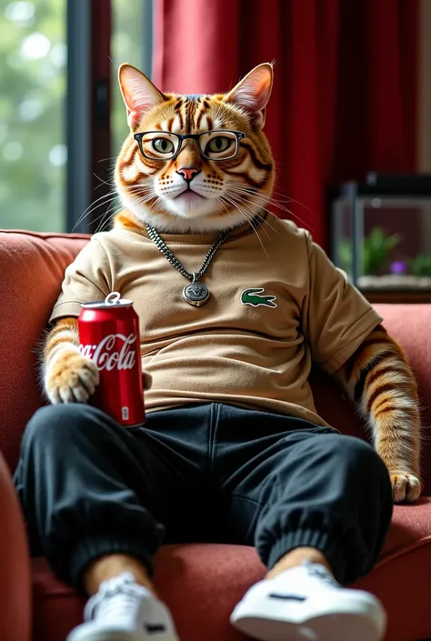 a hyper realistic close-up of a majestic tiger colored cat sitting on a luxurious sofa in a luxurious living room, he sports elegant transparent glasses, is wearing a Lacoste shirt, black Lacoste sweatpants, elegant white Havaianas flip-flops, a highly val...