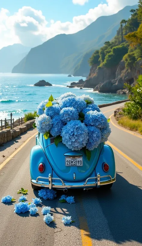 serene coastal scene featuring a retro Volkswagen Beetle in vibrant blue driving away along a scenic ocean road, revealing its charming rear profile. The car carries an enormous bouquet of blue and white hydrangeas that spills gracefully over its back seat...