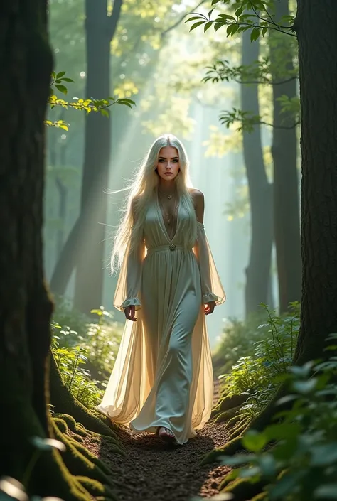 A beautiful Instagram model with long white hair and green eyes walking through an ancient forest, mist curling around the towering trees, soft sunlight breaking through the leaves, giving her an ethereal glow.