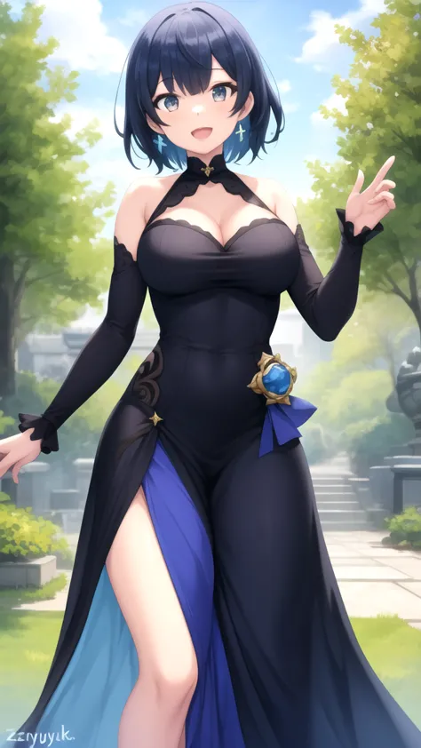 masterpiece, best quality, high quality, girl, solo, looking at viewer, touya_mochizuki, black hair, blue hair, large breasts, Genshin Impact cosplay, princess Dress, standing, smile, open mouth, outdoors 