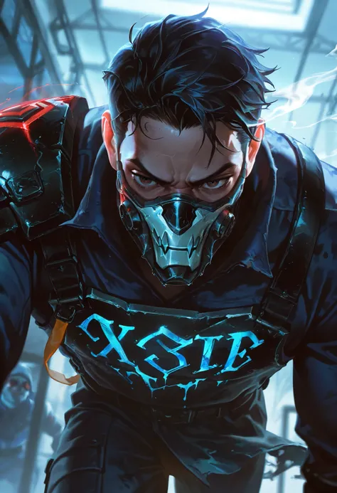 best quality, masterpiece (quality), L0LSPL4SH, year2024, year2023, West Studio, sixmorevodka, portrait, 1male, 58 years old male, chinese eyes, black hair, cold gaze, cruel gaze, villain posture, brown eyes, dark circles, dirty scientist outfit, scratched...