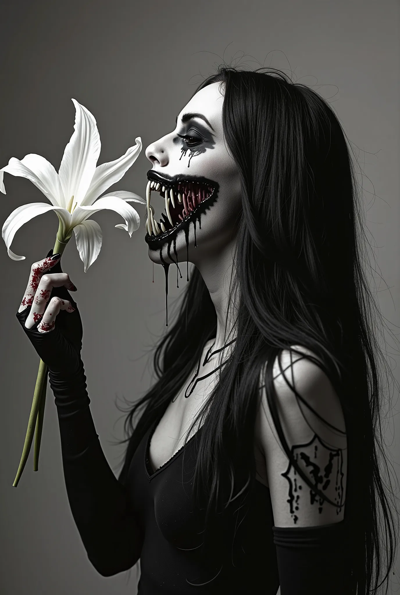 A hyper-realistic black-and-white high-definition photographic portrait of an intense black metal woman with long, flowing black hair. Her pale skin contrasts with her black metal  paint: deep black paint surrounds her eyes, extending in jagged streaks dow...