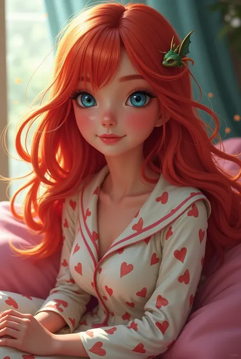 Create an image of Bloom das Winx's daughter, a red-haired 16-year-old ager with some blonde locks,  blue eyes,  freckles on the face, fringe, with pajamas on her body, And a little dragon flying close to her as if it were her guardian,  more realistic

