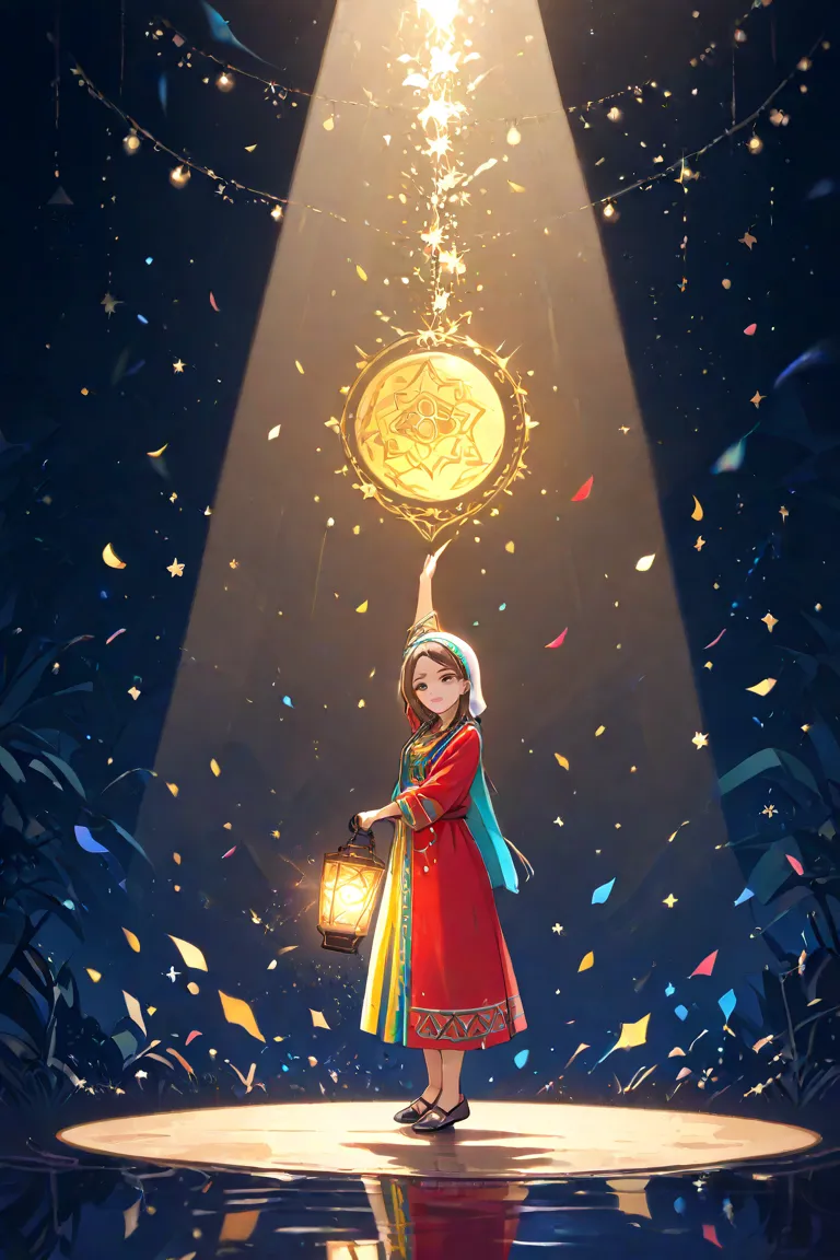 "The Ramadan scene : A wearing and smiling Arab girl holding a traditional Ramadan lantern, standing behind her is the bright moon of Ramadan. . The background is full of lights and bright colors, reflecting an atmosphere of joy and celebration. .  The atm...