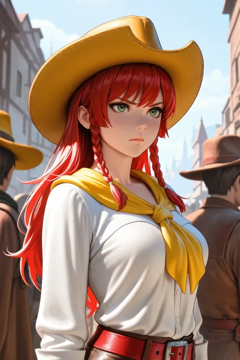 1 ,    Alone,    masterpiece,    High quality ,   ultra realistic, silky hair,   long red hair, side braids , cowboy woman, um colete de couro From cowboy,  white blouse underneath, red belt with gold buckle, chaparreira de couro From cowboy, yellow cowboy...