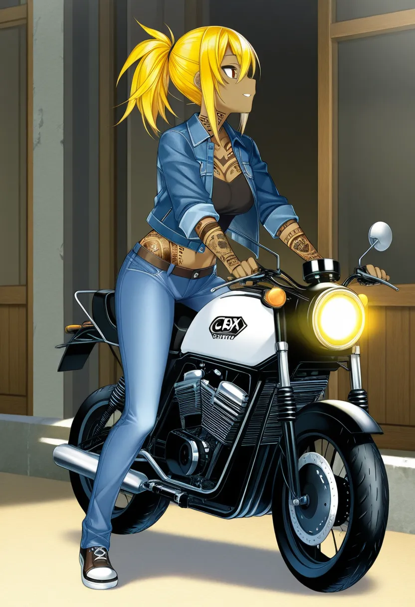    cafe racer tuned motorcycle/CBX400F/A beautiful woman is riding a  、  ponytail、  yellow hair  、  brown skin 、  Read more、  denim jacket、   SHORT JEANS   、 perfect face、 masterpiece,  anatomically accurate,  Highest quality,  textured skin, full body tat...