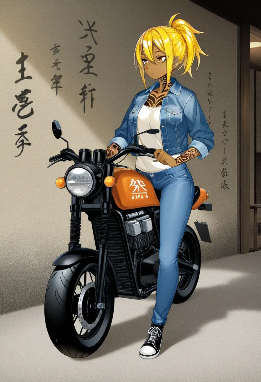    cafe racer tuned motorcycle/CBX400F/A beautiful woman is riding a  、  ponytail、  yellow hair  、  brown skin 、  Read more、  denim jacket、   SHORT JEANS   、 perfect face、 masterpiece,  anatomically accurate,  Highest quality,  textured skin, full body tat...