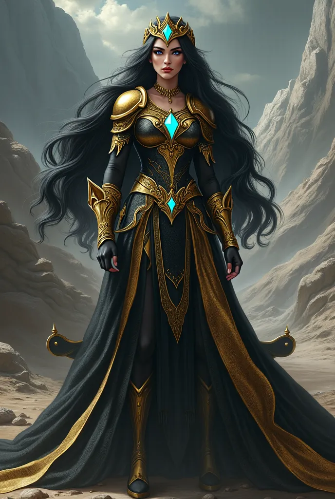 The same, But with a long braid half black and gold, And a war dress half black and gold, strong blue eyes and a golden crown with a light blue stone above.