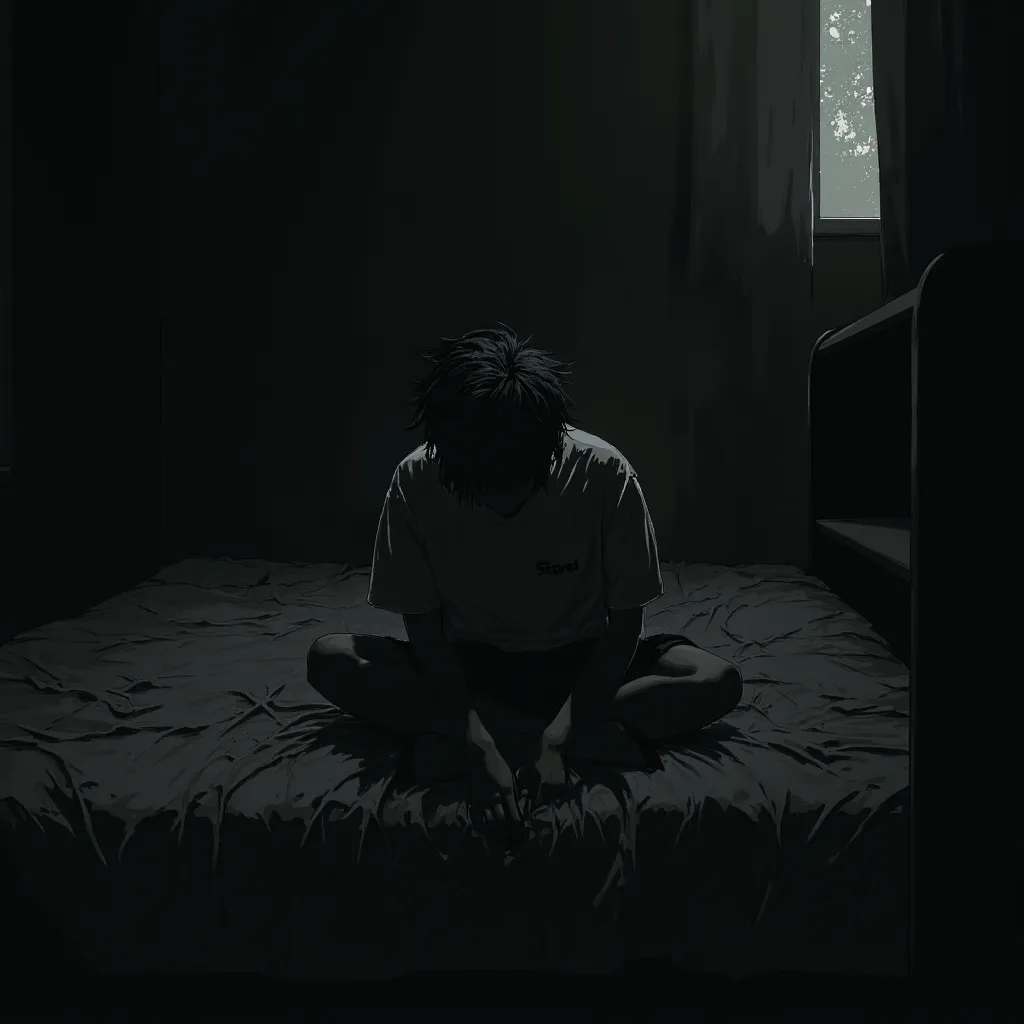 man is sitting on a bed in a dark room, anime asthetic, punpun onodera, horror manga, album art cover, manga cover art, black and white manga panel, emotional picture, oyasumi punpun, by Shinoda Toko, anime cover, lofi album art, anime aesthetic, late nigh...