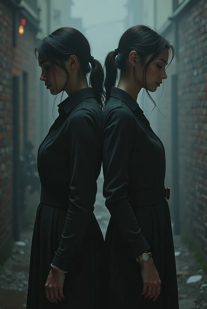 dark theme. two women with their backs to each other to represent the double life that the woman lives. one is a busy mother. the other a secret service spy. dressed differently from each other. the spy with her hair tied up, the mother with her hair loose