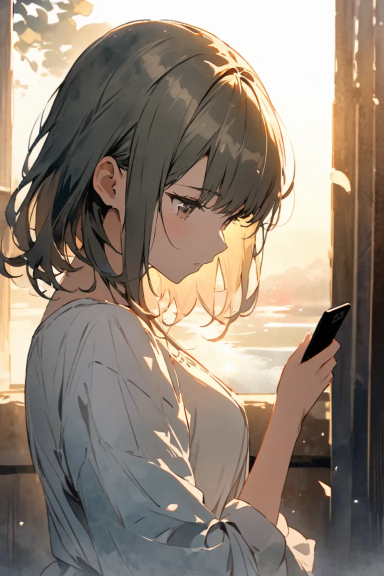 masterpiece,最high quality,Ultra High Definition,  high res background ,8k, nothing ,high quality,break,the sky is partly cloudy,  sketch,   watercolor ,[ girl using smartphone ]